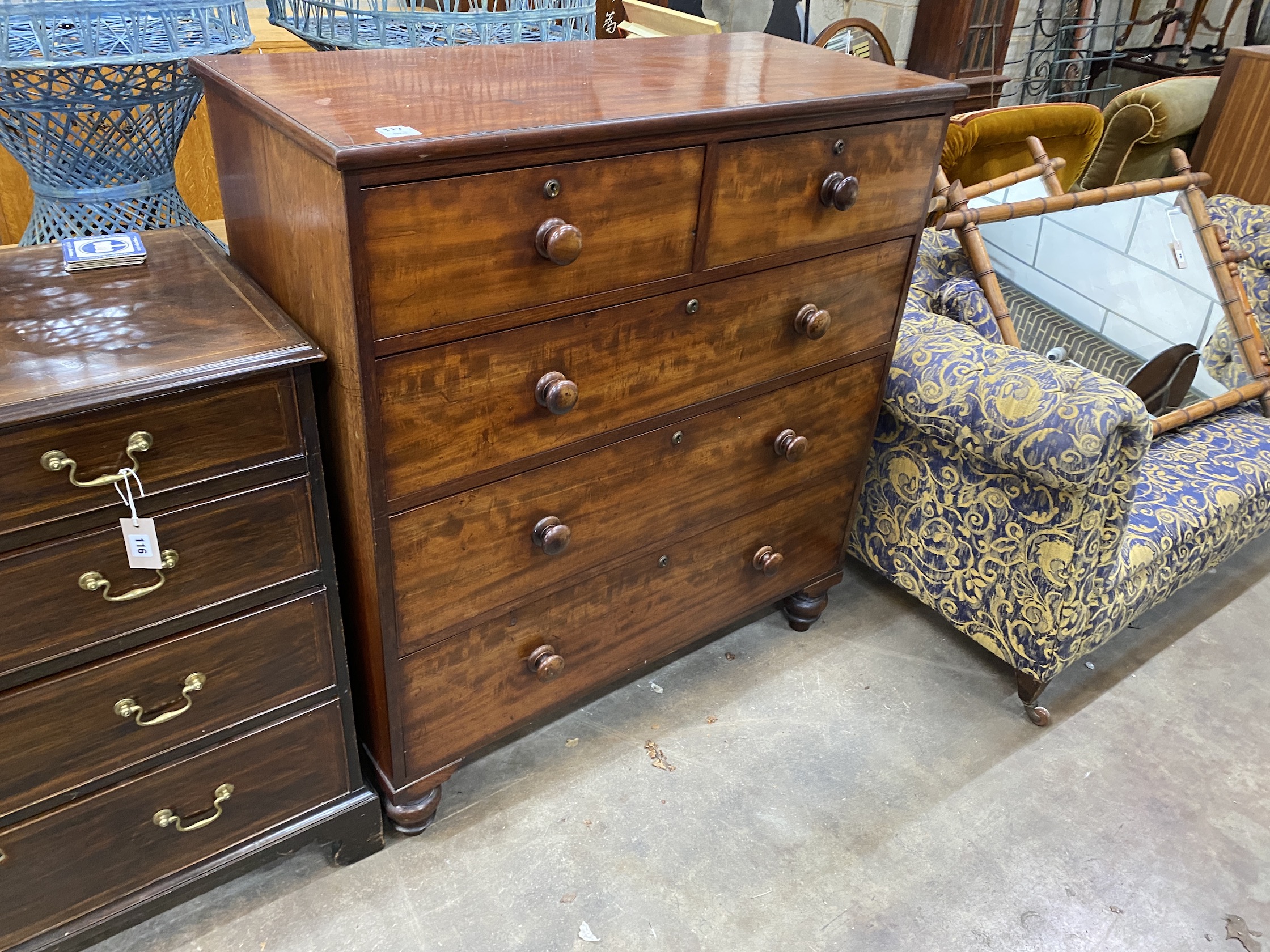 An early Victorian mahogany chest of two short and three long drawers, width 104cm, depth 48cm, height 115cm